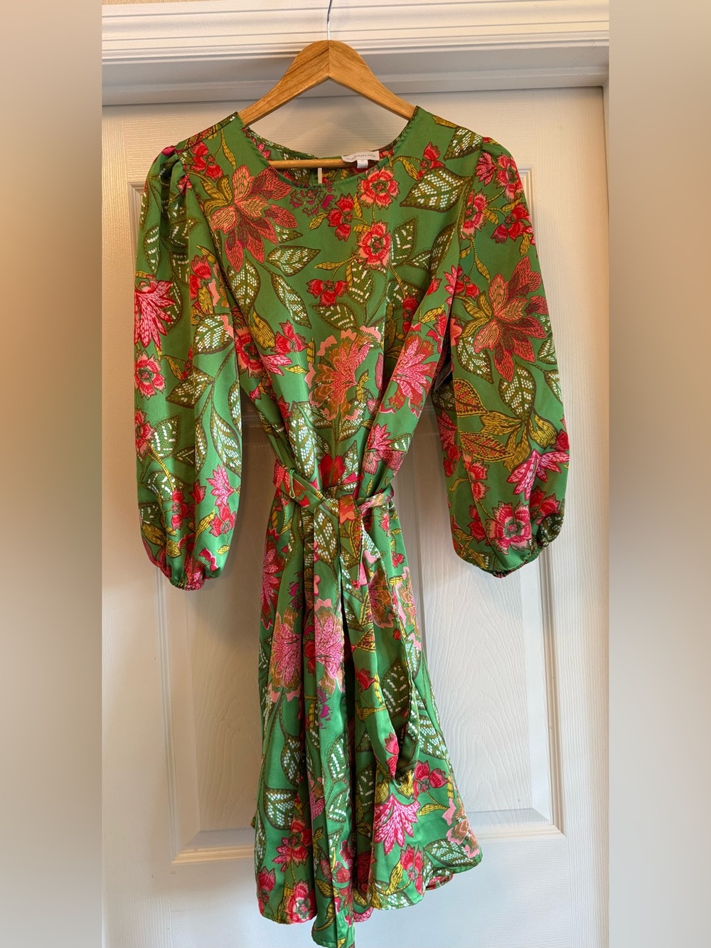 Sugarlips Green Floral Print Women’s Maxi Dress belt Puff Sleeve 1X Wedding